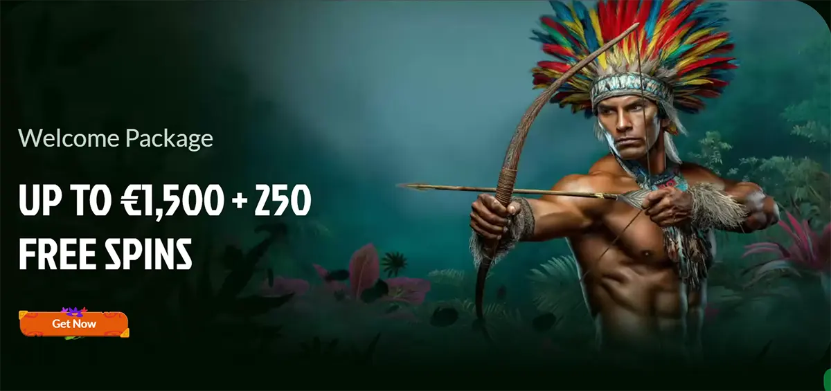 Casino welcome banner advertising a welcome package of up to €1,500 plus 250 free spins, featuring a warrior with a bow and feathered headdress on a dark jungle-themed background and a “Get Now” button.