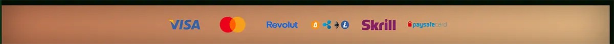 Payment methods strip displaying Visa, Mastercard, Revolut, cryptocurrency icons, Skrill, and Paysafecard logos on a warm gradient background.