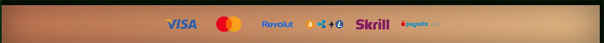 Payment methods strip displaying Visa, Mastercard, Revolut, cryptocurrency icons, Skrill, and Paysafecard logos on a warm gradient background.