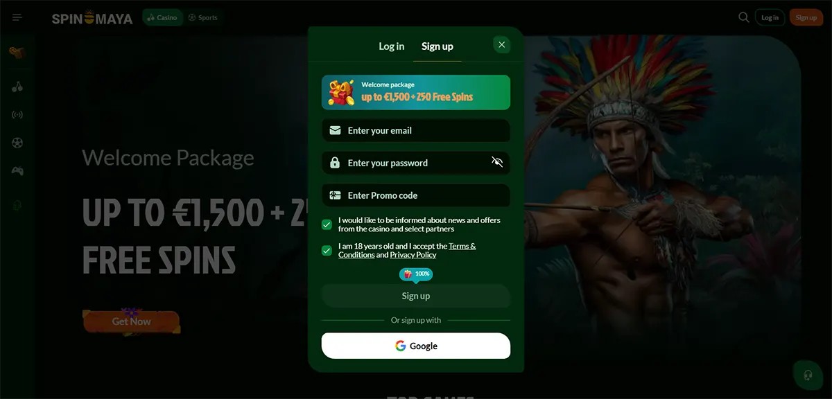 Casino sign-up popup for SpinMaya displaying a welcome package of up to €1,500 plus 250 free spins, with fields for email, password, promo code, consent checkboxes, a “Sign up” button, and a Google sign-in option over a dark jungle-themed background.