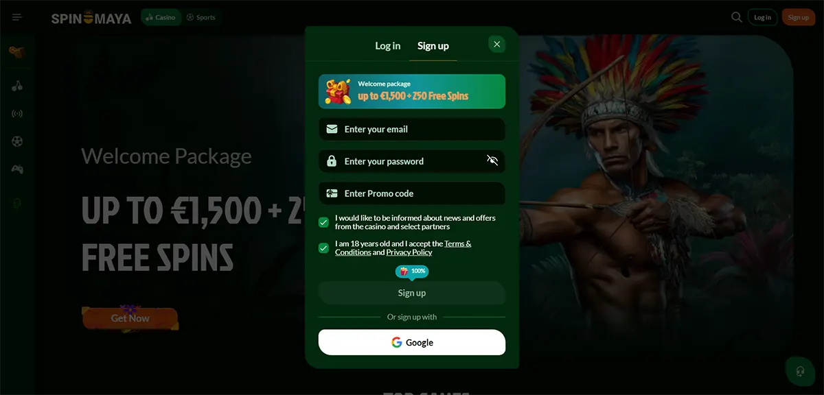 Casino sign-up popup for SpinMaya displaying a welcome package of up to €1,500 plus 250 free spins, with fields for email, password, promo code, consent checkboxes, a “Sign up” button, and a Google sign-in option over a dark jungle-themed background.